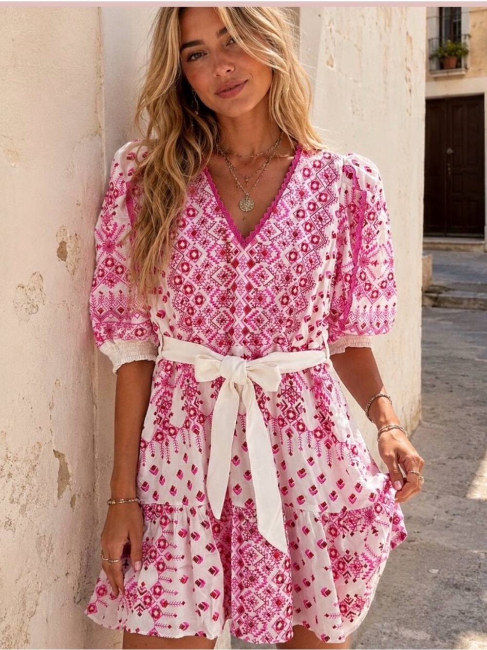 NWT Hale Bob Logan Pink Embroidered Puff Sleeve Belted Midi Dress M